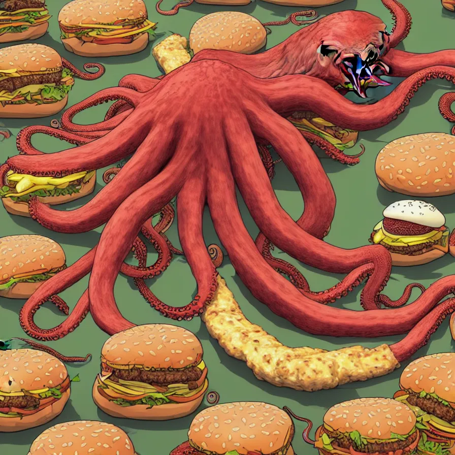 Image similar to ultra detailed anatomy textbook illustration of a giant octopus holding many burgers, tentacles wrapped around burgers, artstation, 8 k