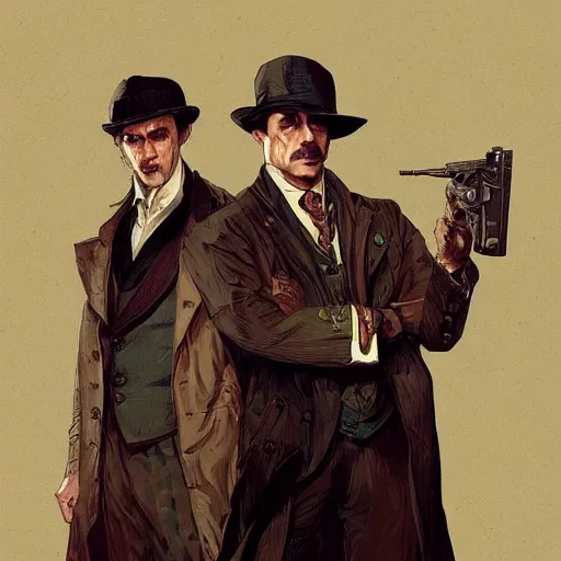 Image similar to [Sherlock Holmes and Watson as GTA characters, intricate, elegant, graphic detail, digital painting, trending on artstation, concept art, tonalism, sharp focus, illustration, art by Miguel Vasquez and Greg Rutkowski and Alphonse Mucha]