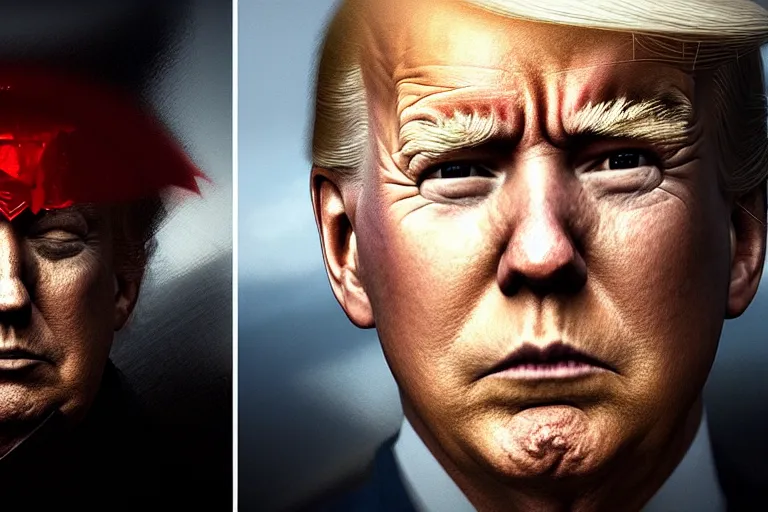 Image similar to Portrait of Trump facing Joe Biden, dark makeup, dark crowns with magical ruby, painting by Studio Ghibli, Ivan Aivazovsky and Greg Rutkowski, artstation, fantasy, intricate, beautiful, cinematic, octane render, arnold render, 8k, hyper realism, detailed, sharp focus, 4k uhd, masterpiece, award winning