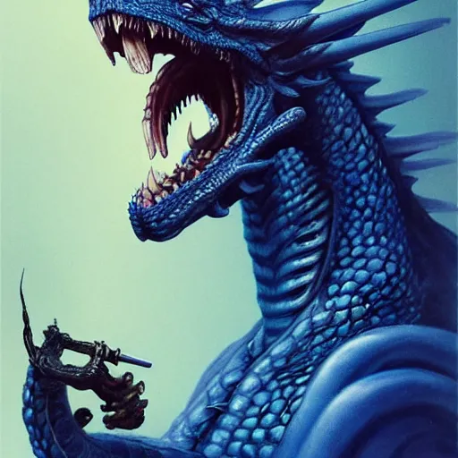 Prompt: A portrait of a blue dragon smoking a pipe, by HR Giger and Greg Rutkowski, highly detailed, portrait, sleek, 8k