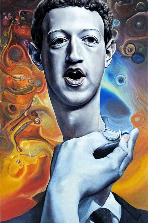 Image similar to photorealistic painting of mark zuckerberg as gala atomica by salvador dali, hyperdetailed, centered, masterpiece, surrealism