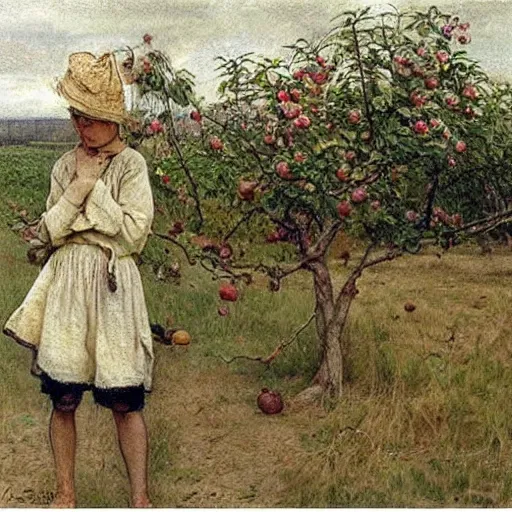 Prompt: by walter langley calm. a beautiful body art depicting a farm scene. the body art shows a view of an orchard with trees in bloom.