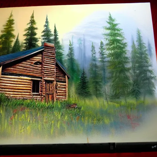 Prompt: a painting of a cabin in the woods, an airbrush painting by bob ross, deviantart, american scene painting, matte drawing, bob ross, matte painting