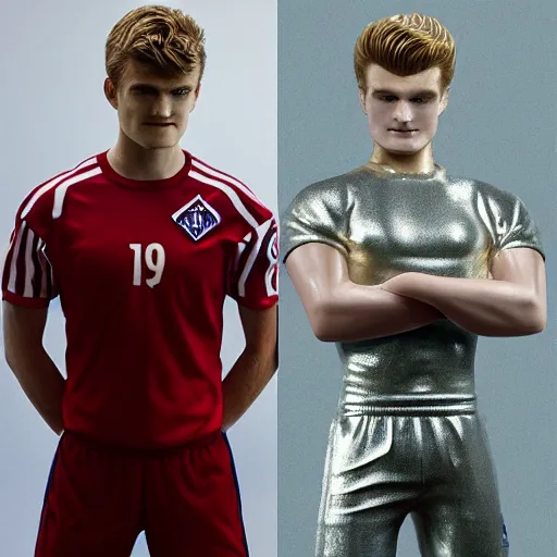 Image similar to a realistic detailed photo of a guy who is an attractive humanoid who is half robot and half humanoid, who is a male android, soccer players martin ødegaard & timo werner, shiny skin, posing like a statue, blank stare, in a living room, on display, showing off his muscles, gold soccer shorts, side view, repairing the other one