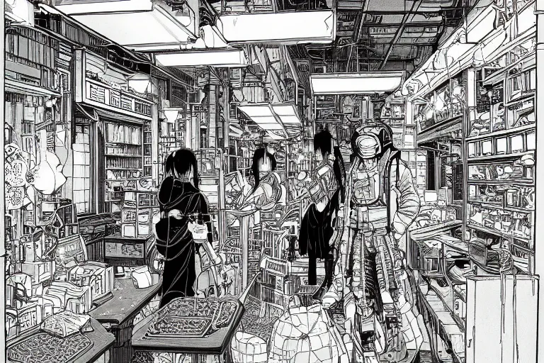 Image similar to cyberpunk japanese merchants in their shop, Industrial Scifi, detailed illustration, character design, intricate, by Martin Grip and Moebius