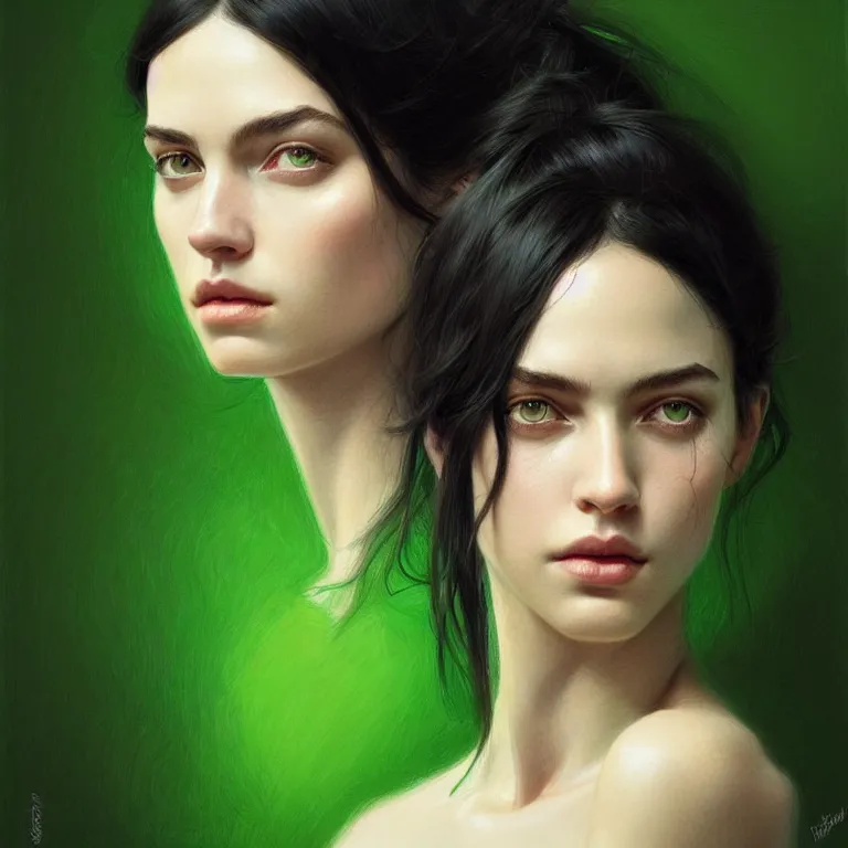 Image similar to portrait of sarah margaret qualley, black hair, green eyes, elegant, real life skin, intricate artwork, high detailed, artstation, concept art, smooth, sharp focus, art by artgerm and greg rutkowski @ ruprechy