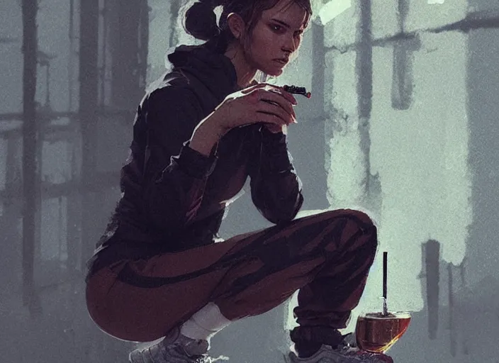 Image similar to russian slav heroine wearing an addidas tracksuit squatting with whiskey in one hand and a cigarette in the other hand. by greg rutkowski and wlop, detailed, cinematic, artstation, 8 k, intricate, rule of thirds.