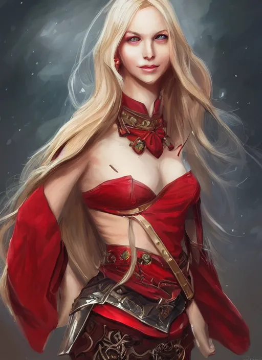 Image similar to a highly detailed illustration of beautiful long dirty blonde haired pale girl wearing red epaulette uniform, red eyes, dramatic smile pose, intricate, elegant, highly detailed, centered, digital painting, artstation, concept art, smooth, sharp focus, league of legends concept art, WLOP