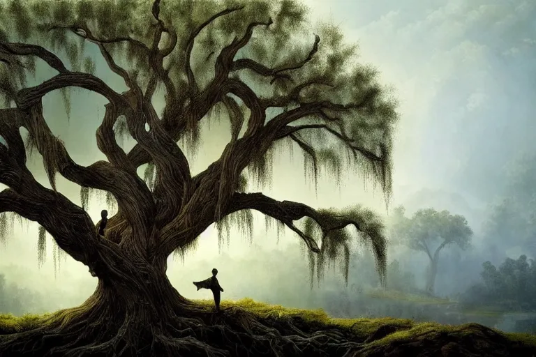 Prompt: masterpiece painting of the old man willow ebony tree of life on a hillside overlooking a creek, dramatic lighting, malign tree - spirit of great age, hyperrealism concept art of highly detailed by andreas franke