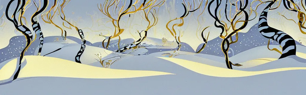 Image similar to snow, gold and white tones, animated film, stylised, illustration, by eyvind earle, scott wills, genndy tartakovski