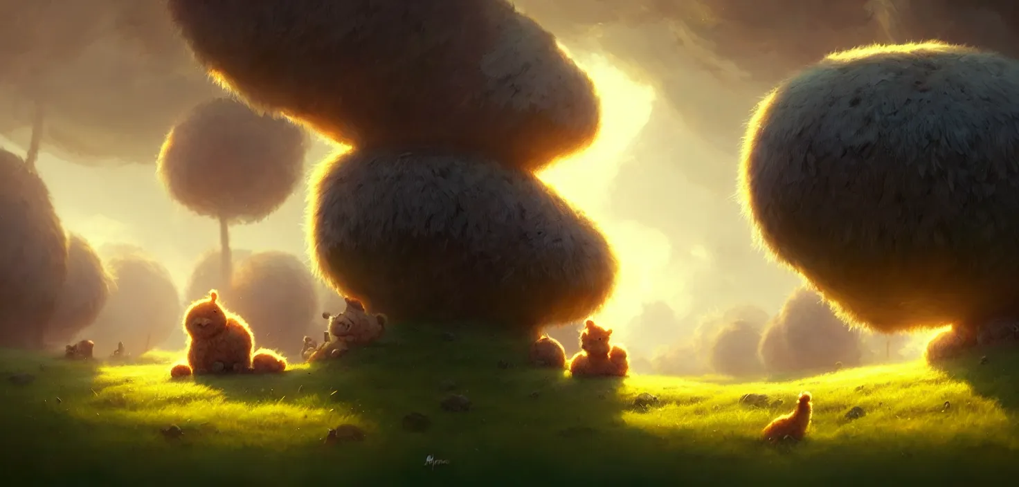 Prompt: shaggy fluffy round monsters with big eyes, detailed, concept art, low angle, high detail, warm lighting, volumetric, godrays, vivid, beautiful, trending on artstation, by jordan grimmer, huge scene, grass, art greg rutkowski