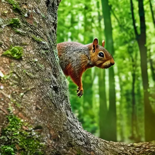 Prompt: a hyper realistic shot of a large squirrel with soft hair and tufts on its ears standing on its hind legs in a luscious green forest, a single weak ray of light emerging through the canopy and hitting the forest floor below him, 8 k, realistic