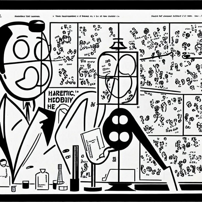 Image similar to a still frame from comic strip, a chemistry molecule model 1 9 5 0, herluf bidstrup, new yorker illustration, monochrome contrast bw, lineart, manga, tadanori yokoo, simplified,