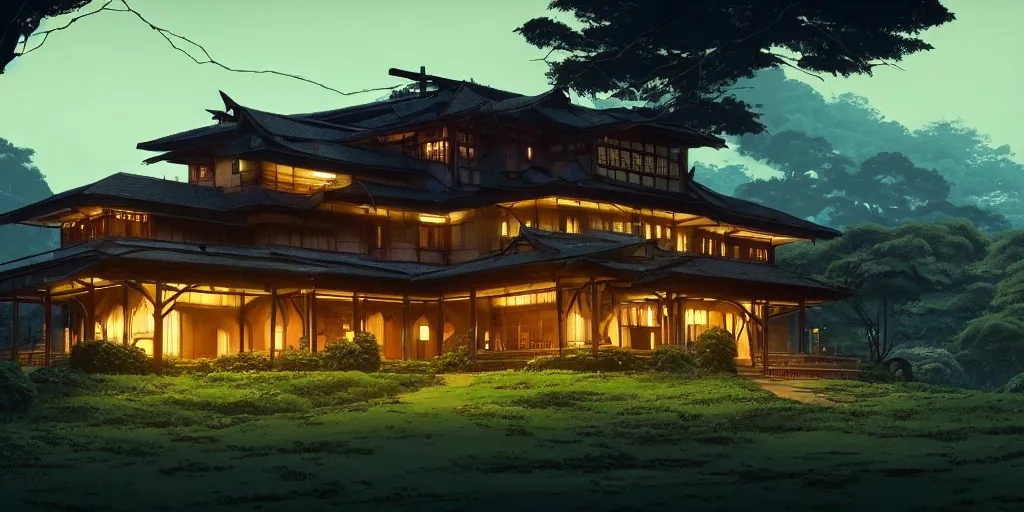 Image similar to twilight lighting, moody, atmospheric, solarpunk, old traditional filipino sleek modern mansion made of wood in a green garden, with a front porch, on the lonely hill by ghibli studio and victor ngai, ghost in the shell, akira, pixar highly detailed, 8 k h 5 7 6