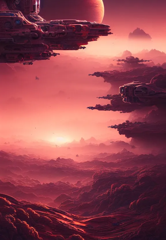 Image similar to ultra realist intricate detailed landscape painting of an alien world, red sky with mech buildings and cyborg tech, symmetry accurate features, very intricate details, bokeh focus, 8k render, artstyle Hiraku Tanaka and Tom Bagshaw, award winning