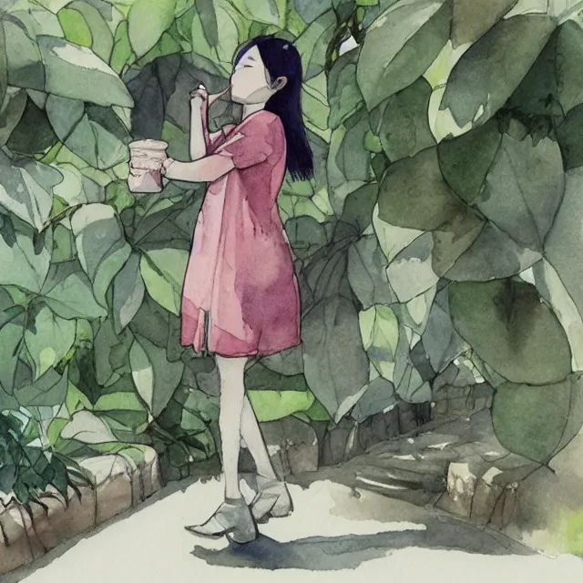 Image similar to hanako tanaka drinking coffee in the botanical garden. watercolor by the award - winning concept artist