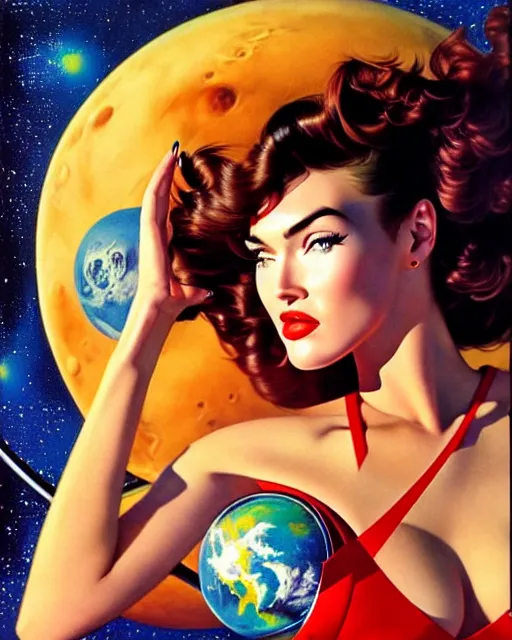Prompt: closeup beautiful retro space megan fox varga girl, posing on a chrome space ship in diesel punk city, windblown dark hair, seductive, hyper detailed, digital art, smooth, sharp focus, gil elvgren, anna dittmann alberto vargas, 1 9 5 0, when mars attacks