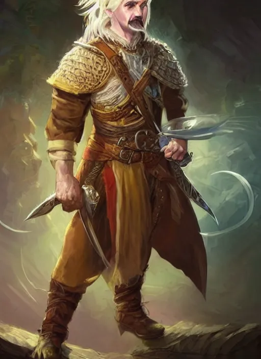 Image similar to young man with short white hair and moustache, dndbeyond, bright, colourful, realistic, dnd character portrait, full body, pathfinder, pinterest, art by ralph horsley, dnd, rpg, lotr game design fanart by concept art, behance hd, artstation, deviantart, hdr render in unreal engine 5