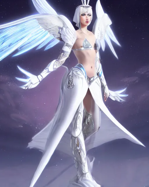 Image similar to perfect white haired egyptian goddess wearing white dove wings, warframe armor, regal, attractive, ornate, sultry, beautiful, ice queen, half asian, pretty face, blue eyes, detailed, scifi platform, 4 k, ultra realistic, epic lighting, android body, illuminated, cinematic, masterpiece, art by akihito tsukushi, voidstar