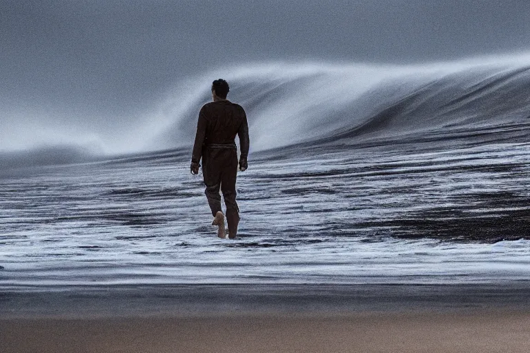 Prompt: a cinematic wide angle shot of a man in his early twenties walking on the sand towards the camera with his head down, sea behind him, in the 2 0 2 1 movie dune, the sand is in the form of a wave, stormy weather, dry, film still, cinematic, dramatic lighting, blue color theme, by zack snyder