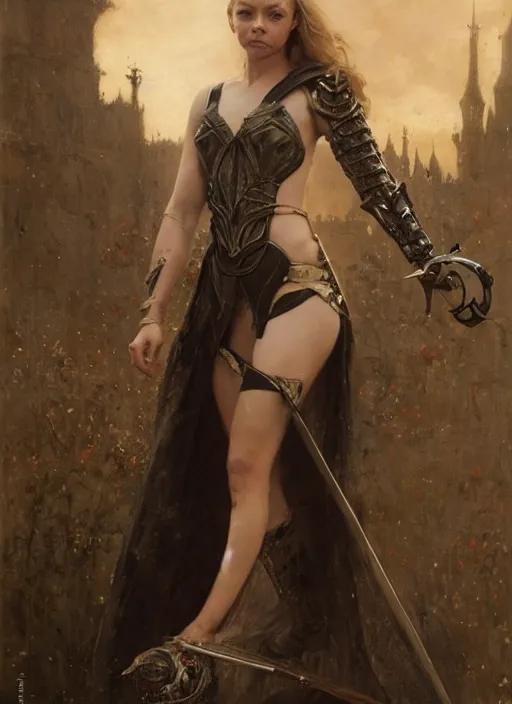 Image similar to natalie dormer wearing black medieval armour, bare legs, detailed, by gaston bussiere, bayard wu, greg rutkowski, giger, maxim verehin, greg rutkowski, masterpiece, sharp focus, cinematic lightning