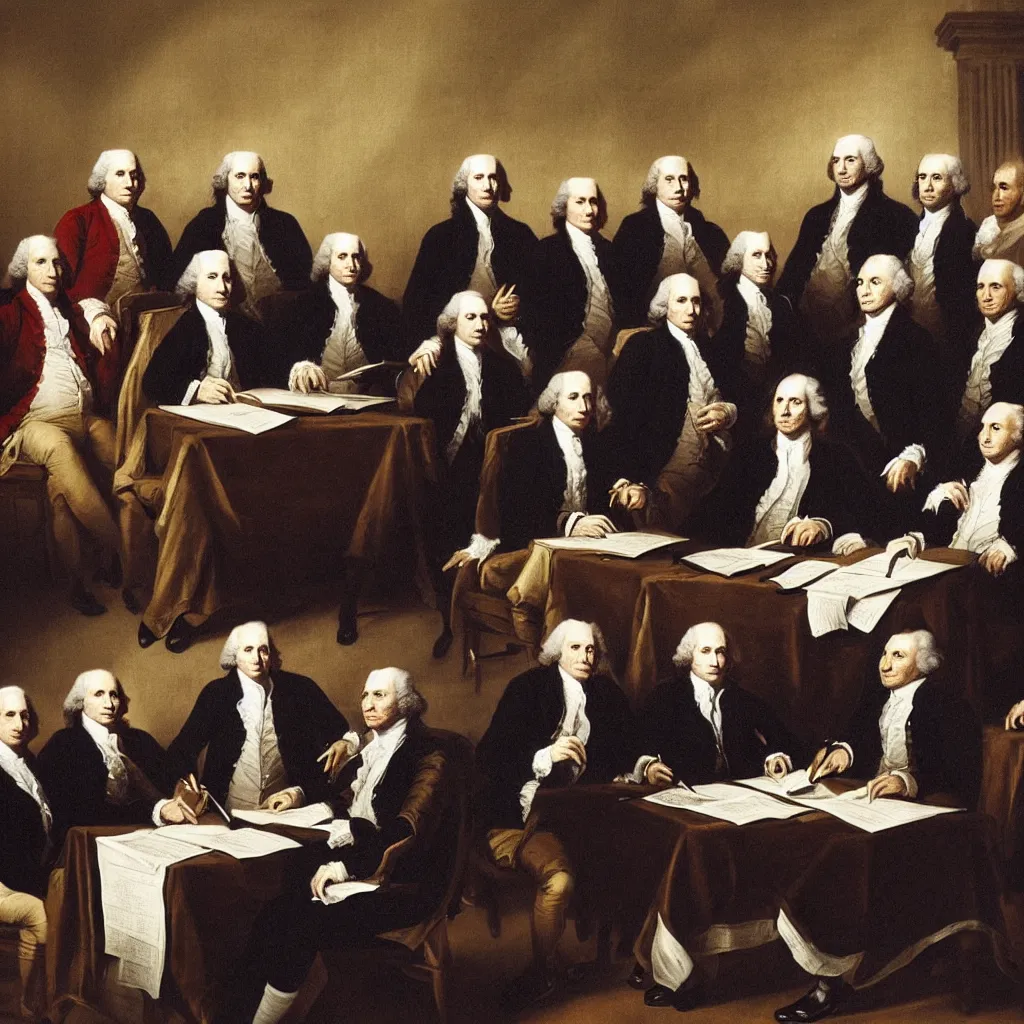 Image similar to the founding fathers as cats signing the declaration of independence, by john trumball