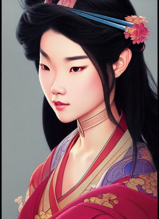 Image similar to portrait of disney mulan, intricate, elegant, highly detailed, my rendition, digital painting, artstation, concept art, smooth, sharp focus, illustration, art by artgerm and greg rutkowski and alphonse mucha and uang guangjian and gil elvgren and sachin teng, symmetry!!