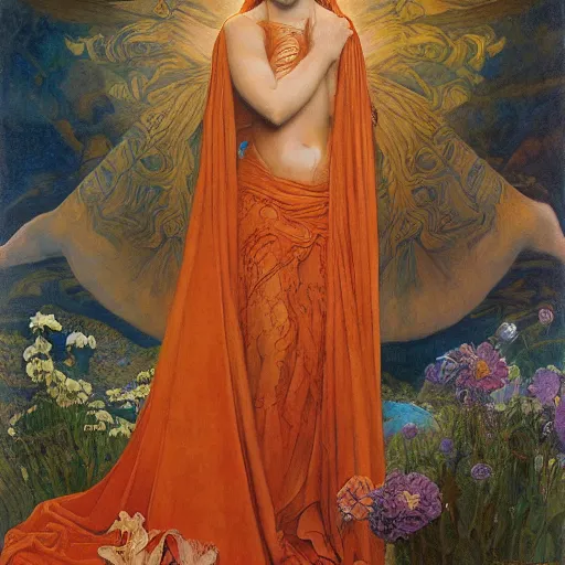 Prompt: princess of the dawn, by annie swynnerton and charlie bowater and diego rivera and nicholas roerich and jean delville and evelyn de morgan, dramatic lighting, brocade robes, elaborate floral ornament, rich colors, smooth sharp focus, extremely detailed, donato giancola, adolf wolfli