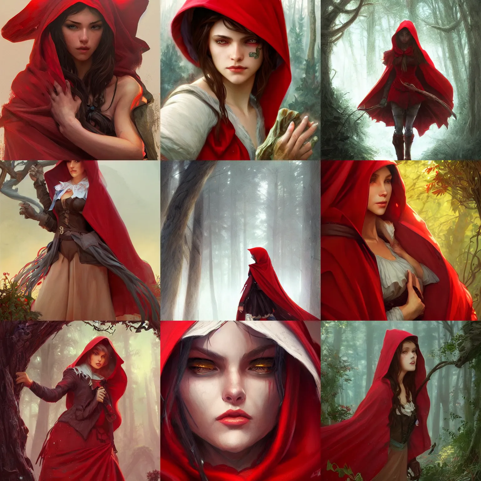 Prompt: Red Riding Hood, highly detailed, digital painting, artstation, concept art, smooth, sharp focus, illustration, Unreal Engine 5, 8K, art by artgerm and greg rutkowski and alphonse mucha
