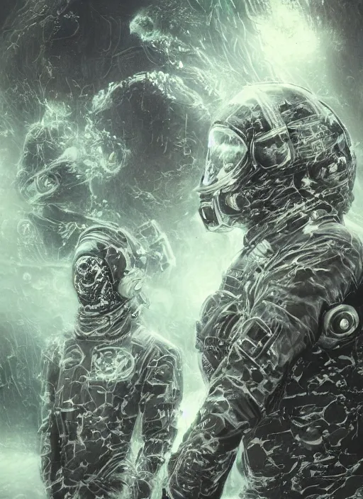 Prompt: astronauts in dark and empty void underwater poster - complex and hyperdetailed technical suit. reflection and dispersion materials. rays and dispersion of light. volumetric light. 5 0 mm, f / 3 2. noise film photo. flash photography. ultra realistic, wide angle. poster by wayne barlowe, hajime sorayama aaron horkey, craig mullins