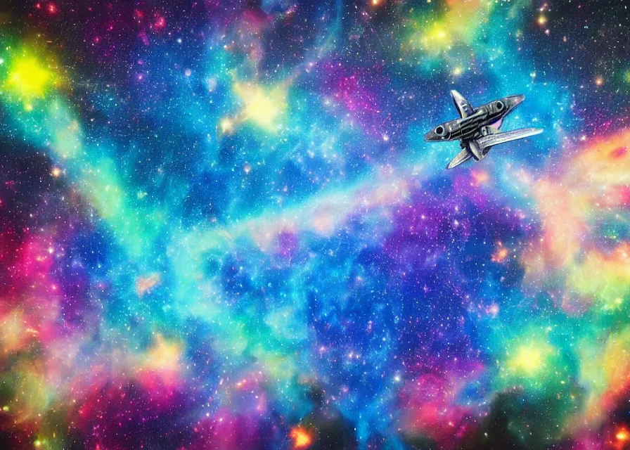 Image similar to spaceship flying over huge and colorful nebula, spray paint