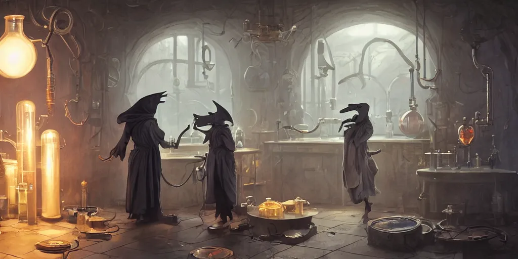 Image similar to a plague doctor and a humanoid rat in a laboratory with lots of flasks filled with magic liquids, stephen bliss, unreal engine, fantasy art by greg rutkowski, loish, rhads, ferdinand knab, ilya kuvshinov, rossdraws, tom bagshaw, global illumination, radiant soft light, detailed and intricate environment