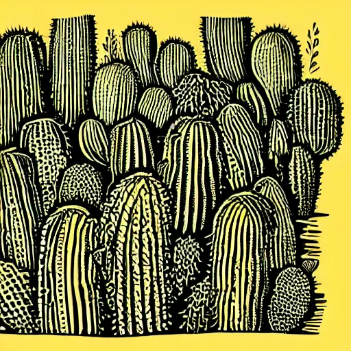 Prompt: Detailed, Linocut Art on paper of a beautiful field of cactus. Epic Latin American Linocut Art.