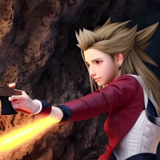 Image similar to gently smiling aerith gainsborough firing a handgun in a cave, killing sephiroth instantly. high detail sharp detail 4k UHD v-ray artwork, official media