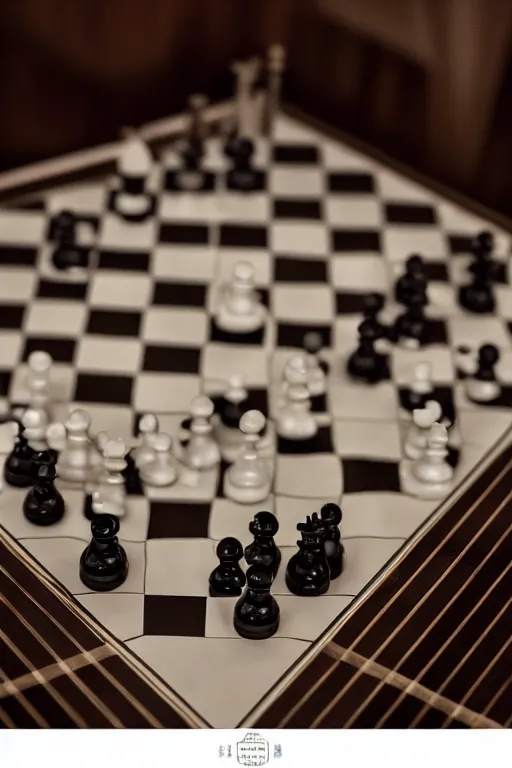 Prompt: a pipe organ chess board made of smoke and mirrors by alexei savrasov, macro lens, low angle, dramatic lighting, high detail and high contrast