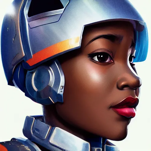 Image similar to portrait cartoon manga anime render of a strikingly gorgeous nigerian 👩🏿, wearing an intricate gundam pilot helmet, rossdraws, artgerm, norman rockwell, emiliano ponzi, epic composition, hd, octane, unreal engine, volumetric lighting, light rays, masterpiece, award - winning