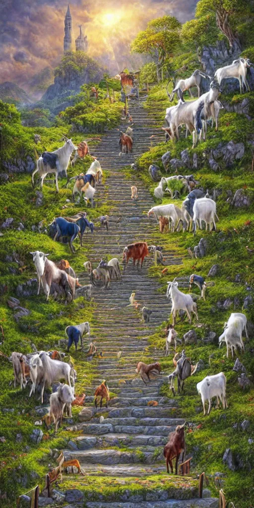 Prompt: a herd of goats! on stairs in a beautiful fantasy cathedral, epic, grandiose, many goats, magic, tall towers, gorgeous clouds, colorful, sunrays, digital painting, landscape, octane render, unreal engine, high detail, very realistic, by jacek yerka