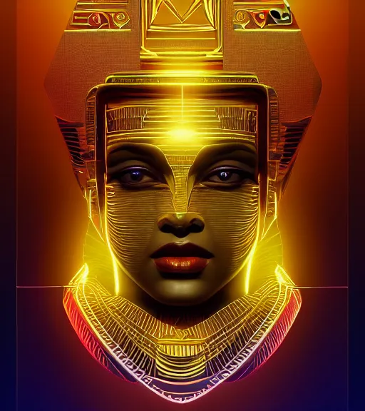 Image similar to symmetry!! egyptian god of technology, solid cube of light, hard edges, product render retro - futuristic poster scifi, lasers and neon circuits, brown skin egyptian god, intricate, elegant, highly detailed, digital painting, artstation, concept art, smooth, sharp focus, illustration, dreamlike, art by artgerm