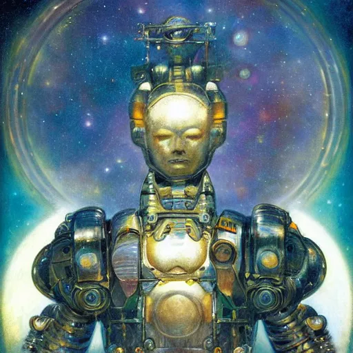 Image similar to highly detailed portrait of an humanoid robotic nebula cloud mecha, painting by gaston bussiere, craig mullins, j. c. leyendecker, lights, art by ernst haeckel, john william godward, hammershøi,