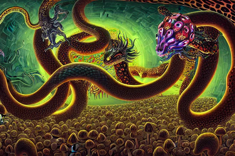 Image similar to a detailed digital art painting of a cyberpunk magick oni dragon with occult futuristic effigy of a beautiful field of mushrooms that is a adorable leopard atomic latent snakes in between ferret biomorphic molecular hallucinations in the style of escher, alex grey, stephen gammell inspired by realism, symbolism, magical realism and dark fantasy, crisp,