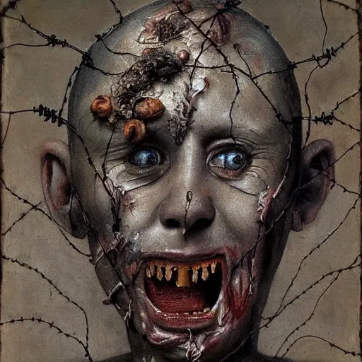 Image similar to a boy made of barbed wire looking into camera, screaming in pain, by giuseppe arcimboldo and ambrosius benson, renaissance, intricate and intense oil paint, a touch of beksinski and hr giger and edward munch, realistic