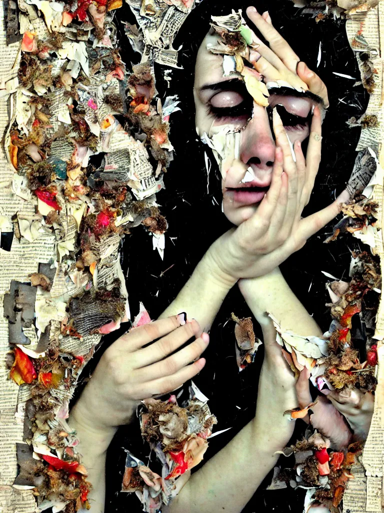 Image similar to a young adult angelgirl soft crying with lots of hands on her face and ratty feathered angel wings, stressed and burnt out, collage effect, collaged, torn paper, torn paper collage, overexposure, overexposed, high exposure