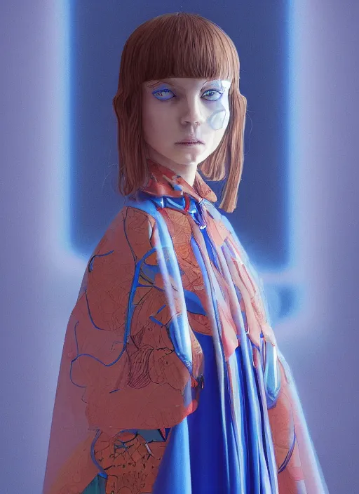 Image similar to blue eyes girl with transparent cape :: by Martine Johanna and Simon Stålenhag and Chie Yoshii and wlop and Guillermo del toro :: ornate, dynamic, particulate, rich colors, elegant, centered, artstation, smooth, sharp focus, octane render, 3d