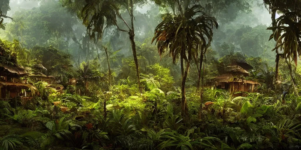 Image similar to tropical jungle, wall wood fortress, borderland style, Hyperrealistic CGI, Photorealistic, plants environment, wide angle, establishing shot, cinematic lighting, atmospheric, realistic, octane render, highly detailed, color graded, matte painting in the style of craig mullins