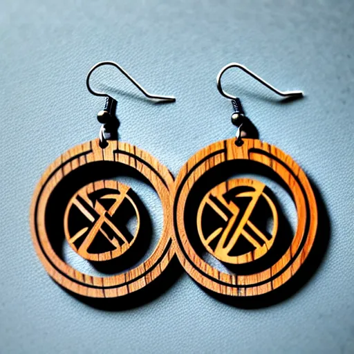 Image similar to 2 d wood lasercut earrings, mystical symbols, 8 k, hd, trending on amazon on artstation, trending on deviantart, trending on etsy, epic digital art