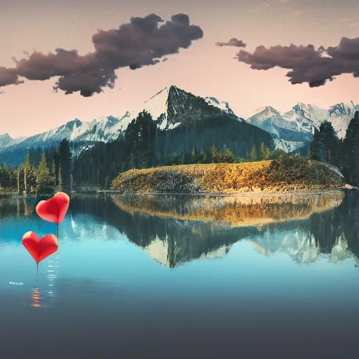 Image similar to photo of two black swans swimming in a beautiful reflective mountain lake, touching heads, forming a heart with their necks, a colorful hot air balloon is flying above the swans, hot air balloon, intricate, portrait, 8k highly professionally detailed, HDR, CGsociety, octane render, 4k