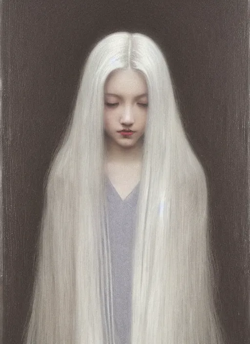 Image similar to thin young wan beautiful angel, silver hair so long, pale!, long silver hair, silver angel wings, smooth skin, wan adorable korean face, silver hair!!, style of fernand khnopff and lucien levy - dhurmer, oil on canvas, 1 8 6 2, 4 k resolution, aesthetic! beautiful!,