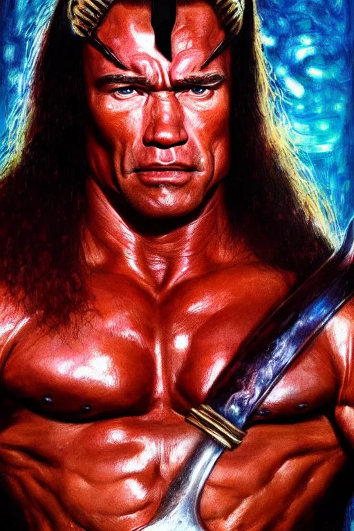 Image similar to Portrait of a Arnold Schwarzenegger as conan barbarian with a huge steel sword, elegant, photorealistic, highly detailed, artstation, smooth, sharp focus, blood ornaments, neon lighting, sci-fi, art by Klimt