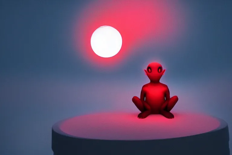 Image similar to a cute alien sitting on a cloud relaxing, misty, glows, blender render, hazy, foggy, red lighting,