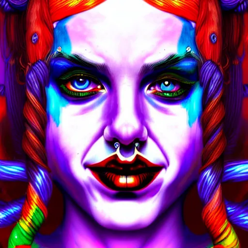 Image similar to an extremely psychedelic portrait of harley quinn as medusa, surreal, lsd, face, detailed, intricate, elegant, lithe, highly detailed, digital painting, artstation, concept art, smooth, sharp focus, illustration